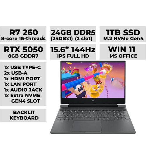 HP VICTUS 15-FB3224AX Gaming Laptop 15.6" 144hz IPS | Ryzen 7 260 | 24GBx1 DDR5 (2 slot) | 1TB NVMe | RTX 5050 8GB